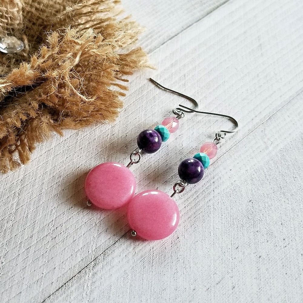 Turquoise Jade Agate Gemstone Coin Earrings